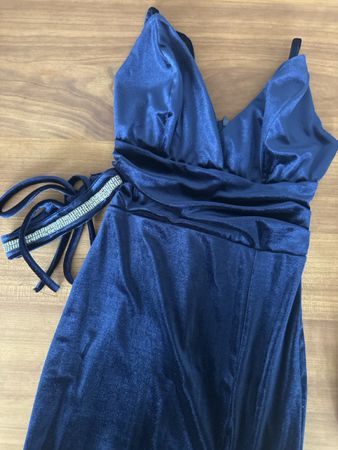 Blue velvet stretchy evening gown with matching belt XS