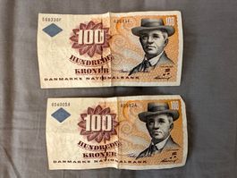 2 × 100 Kronen Dänemark – alte Banknoten – Serie 1972