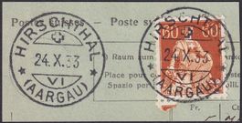 Vollstempel: HIRSCHTHAL (AG): 24.OKT.1933, mit Nr.140z.