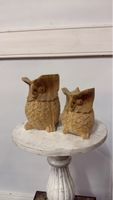 2er Set geschnitzte Holz Eulen Figuren - Herbstdeko