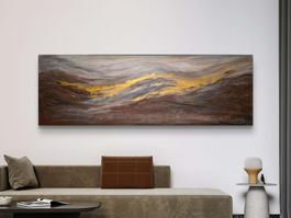 ACRYLBILD 150x50, Bergen, Landschaft mit Gold in Acryl