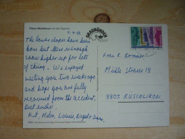 Cartoline postali: Flims-Waldhaus, 2.4.89 – Usato da Rieden SG venduto da Brockehuesli 1