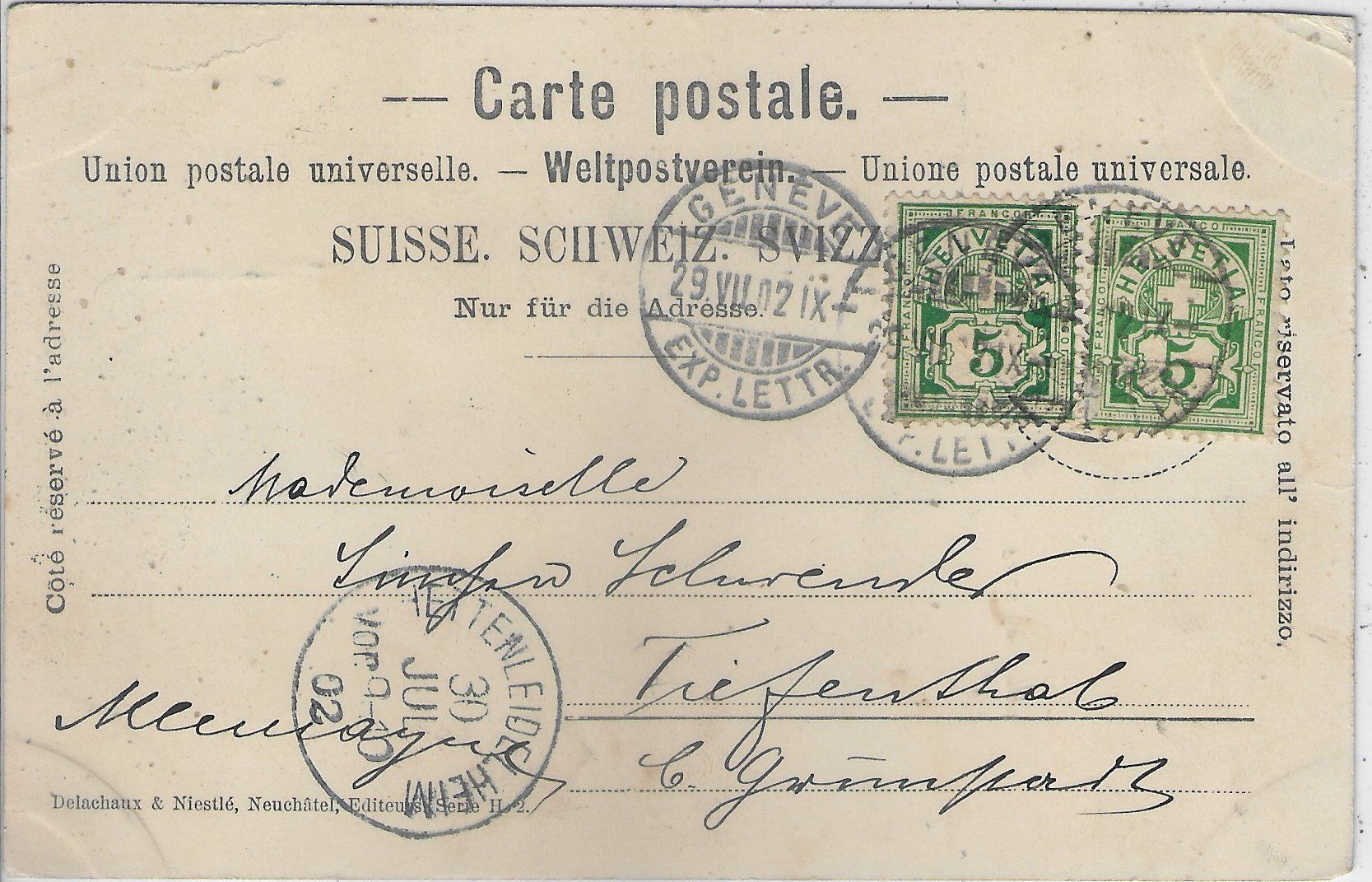 Cartoline postali: Neuchatel - Palais Rougemont - Fahnen-Litho – Usato da Ettingen venduto da Kartenplanet 1