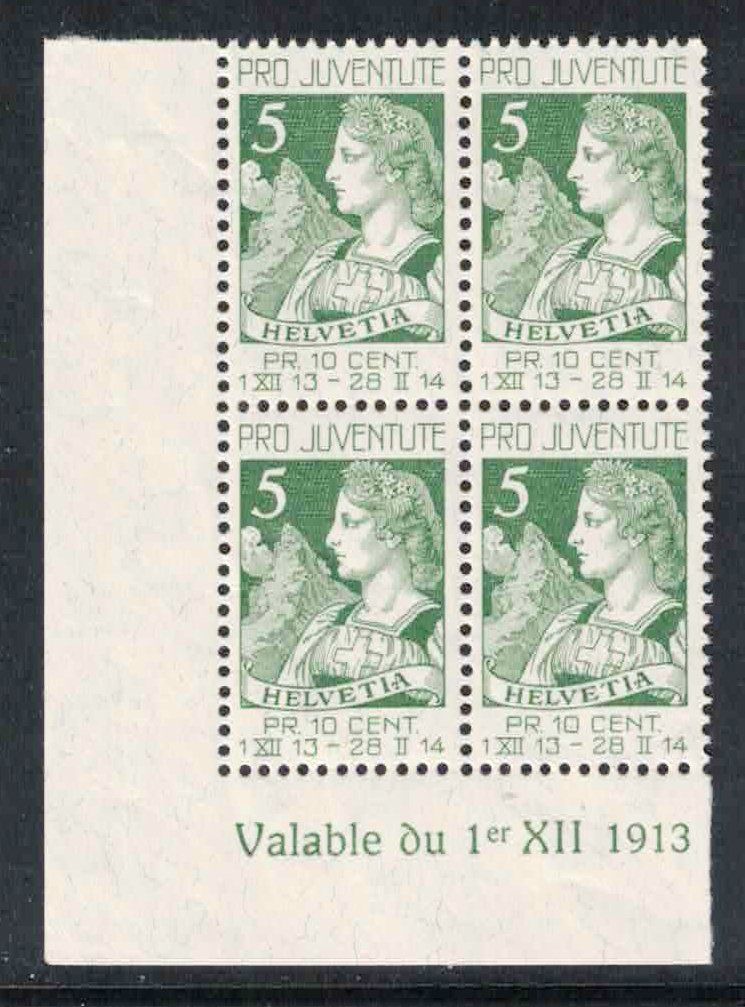 Tutti i francobolli: Pro Juventute 1913 im 4er-Block ** aus der Bogenecke – Nuovo (secondo la descrizione) da Nuglar venduto da Stamp88