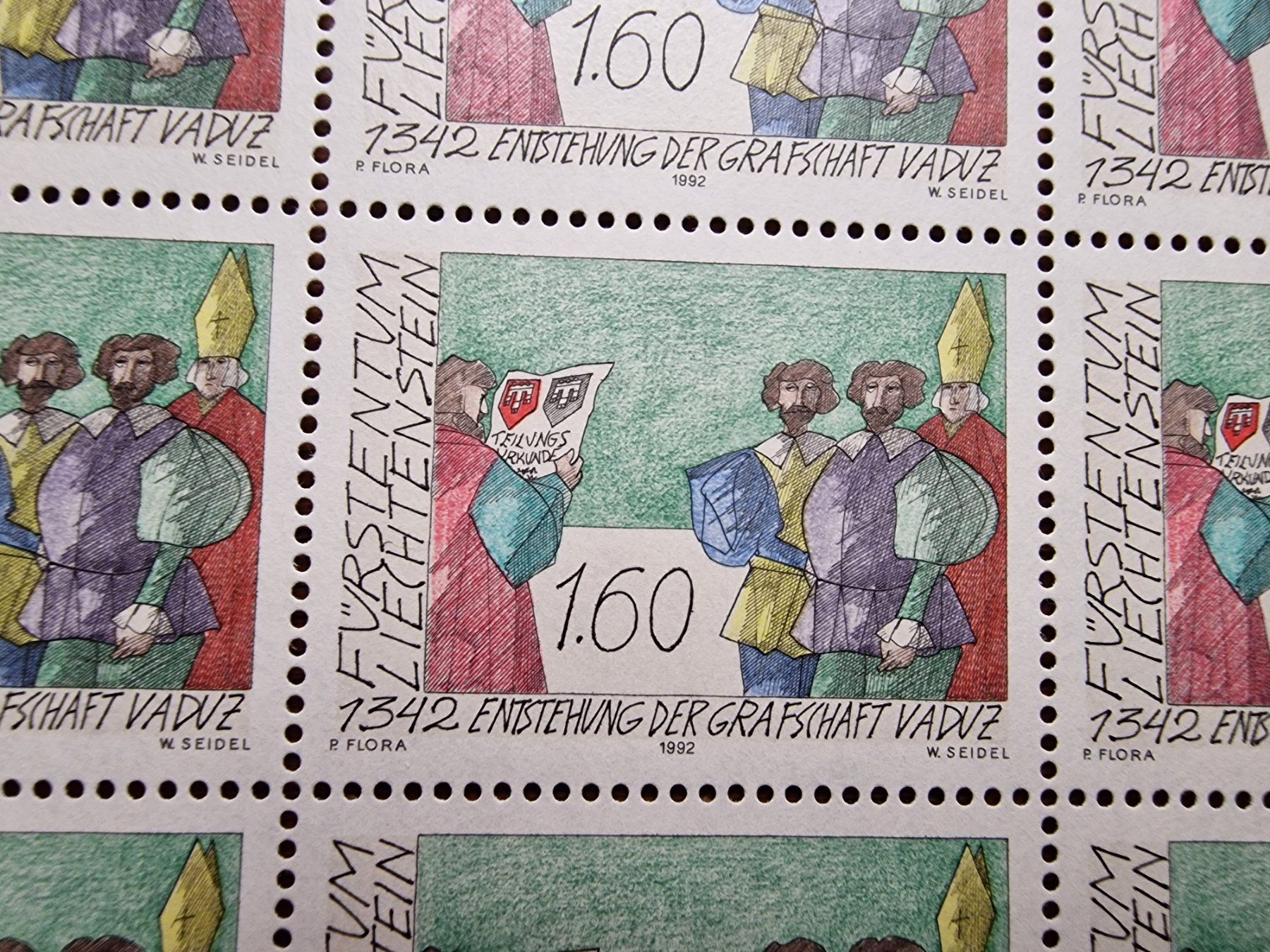 Tutti i francobolli: FL 1992 Bogen "Entstehung der Grafschaft Vaduz 1342" ** – Usato da Aesch LU venduto da briefmarken.uray 1