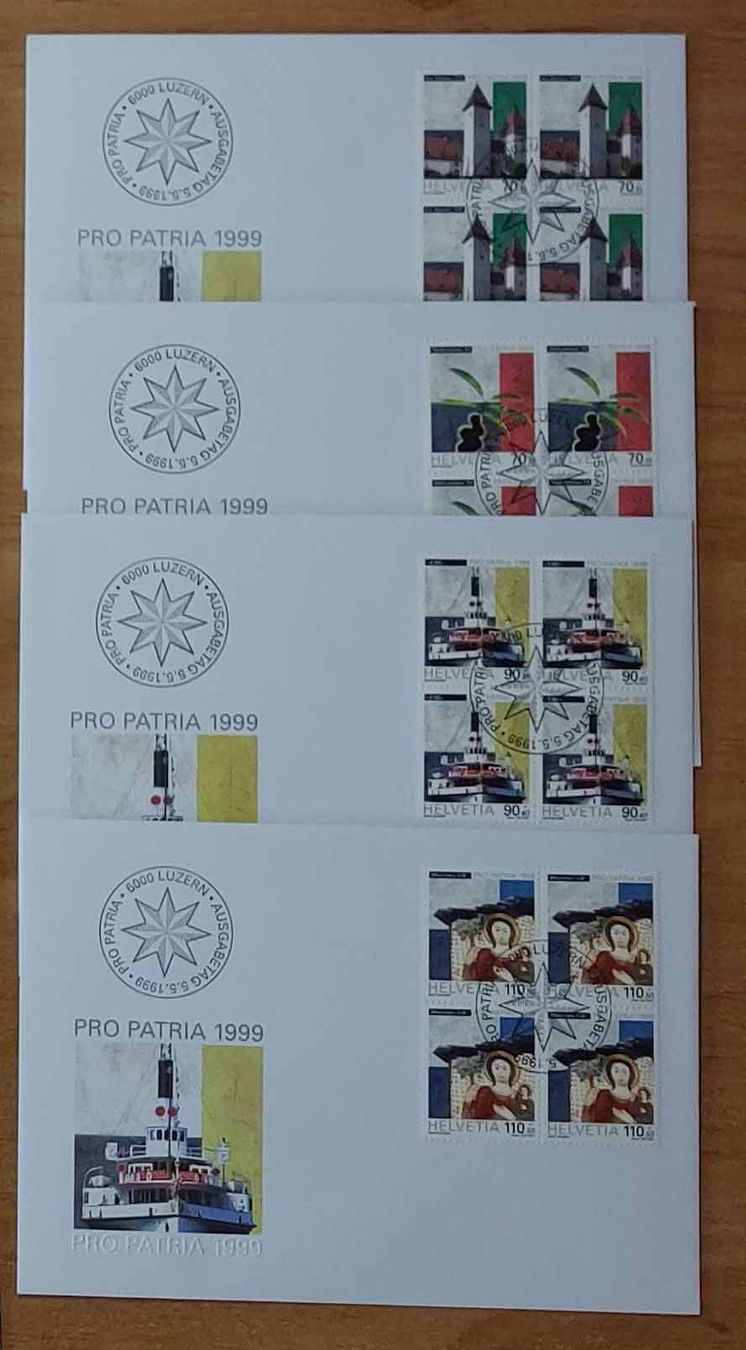 Alle Briefmarken: Fp1999  - 4 FDC Pro Patria 1999 bloc de quatre – Gebraucht aus Trélex von Phil_Albert