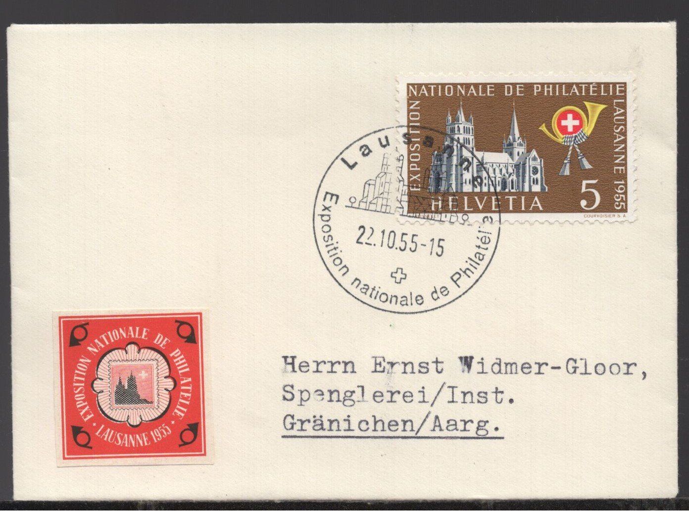 Tous les timbres: Lausanne 22.10.55  SSt.   mit Vignette – D'occasion à Aarau par kufi44