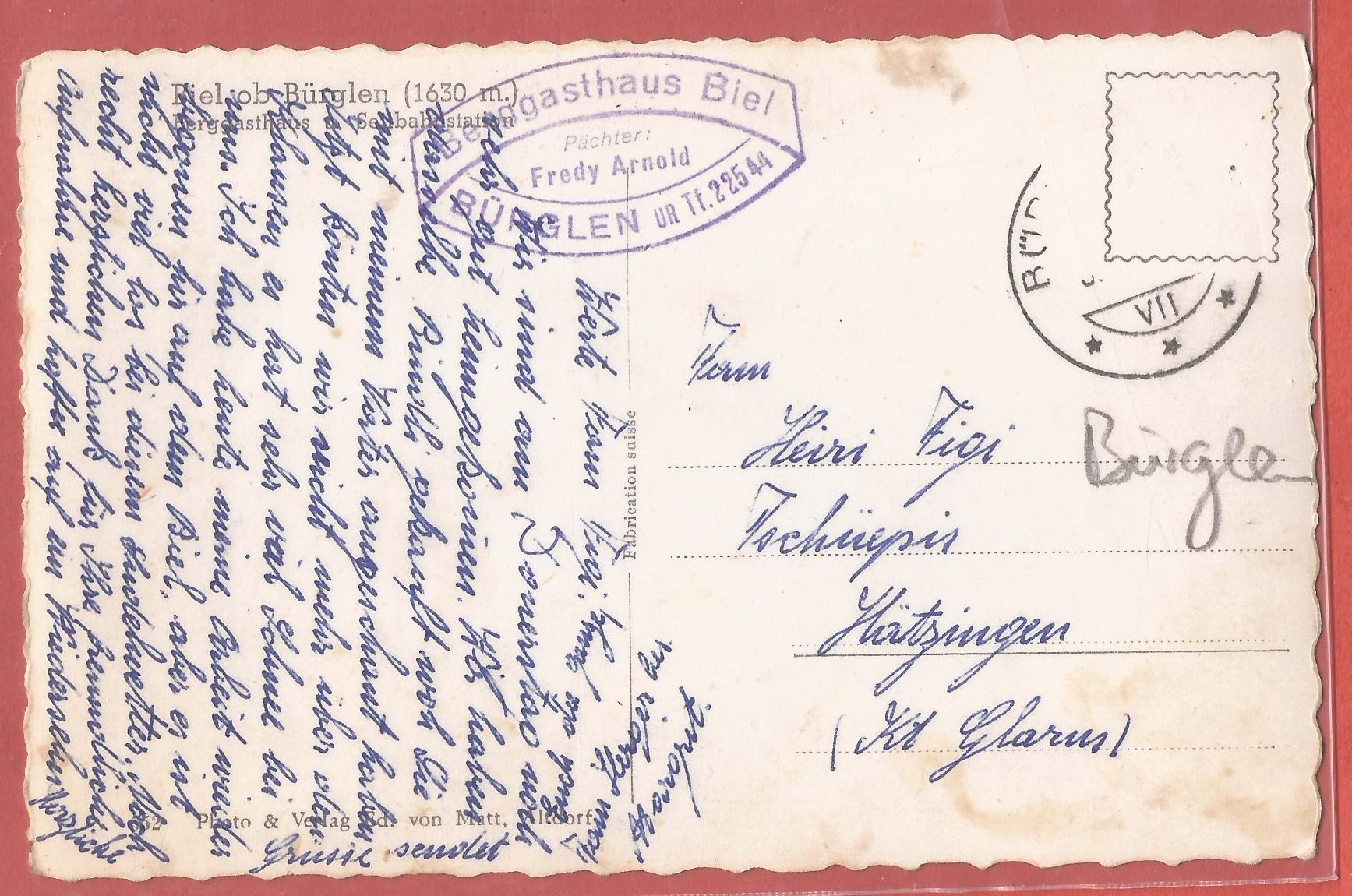 Cartoline postali: Biel am Kinzigpass bei Bürglen - ca. 1940 – Usato da Fislisbach venduto da Porano 1