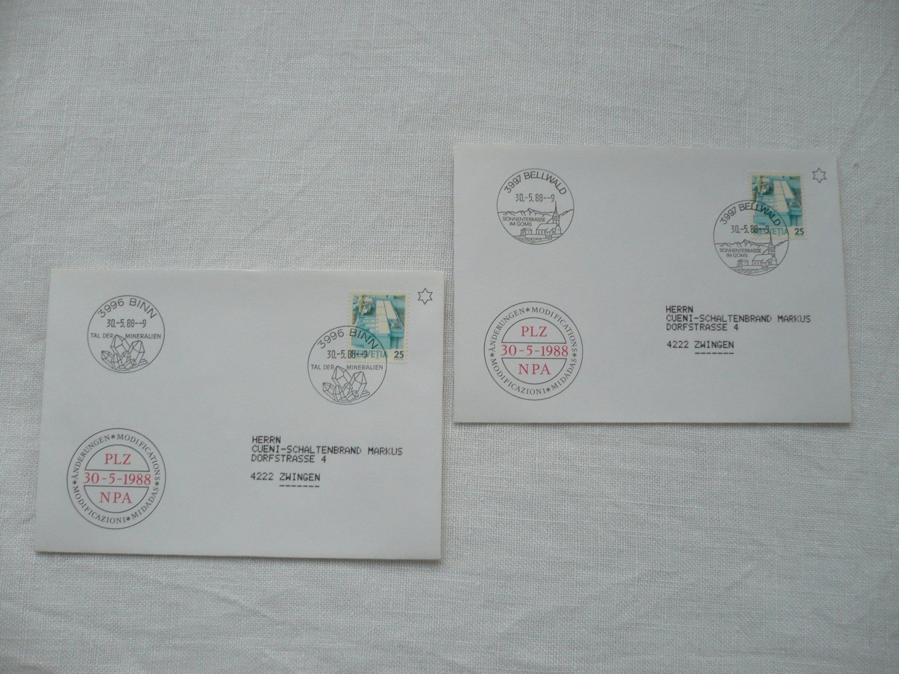 Tutti i francobolli: Werbedatumstempel - ET 3996 Binn / 3997 Bellwald – Usato da Zürich venduto da saltandpepper008
