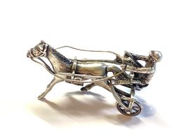 Miniatur Sulky, Trabergespann, Jockey, Pferd, 835 Silber