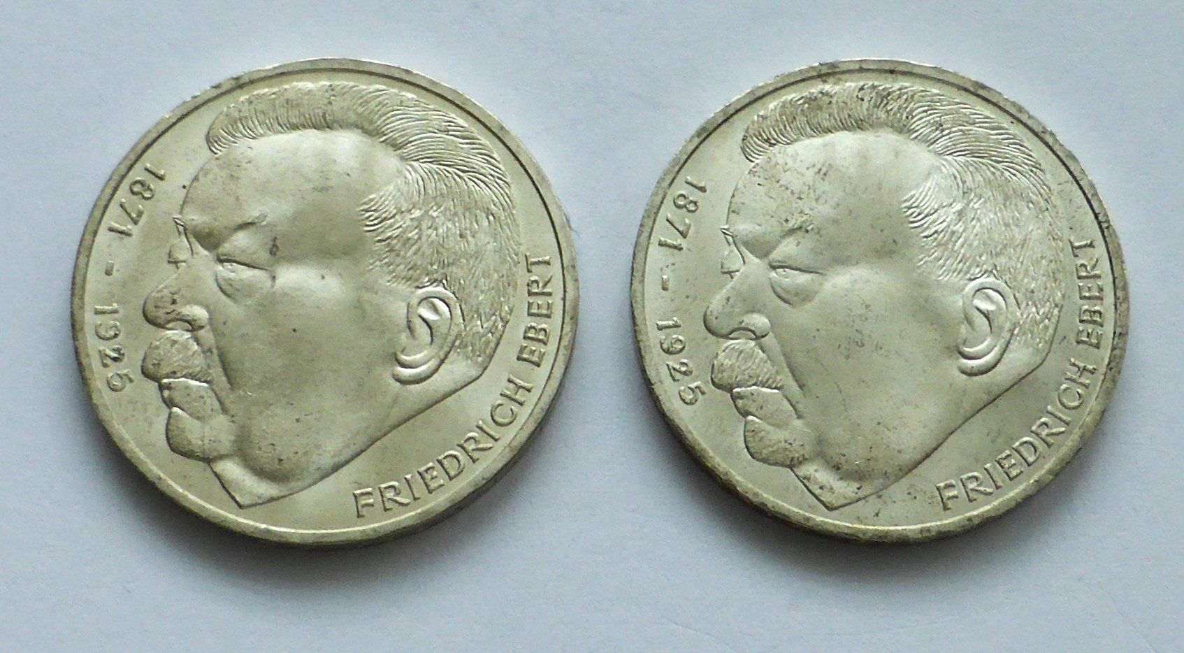 Tutti le monete: DEUTSCHLAND, 2x 5 Mark 1975 - SILBER unz. - Friedrich EBERT – Nuovo (secondo la descrizione) da Buochs venduto da ema-coins