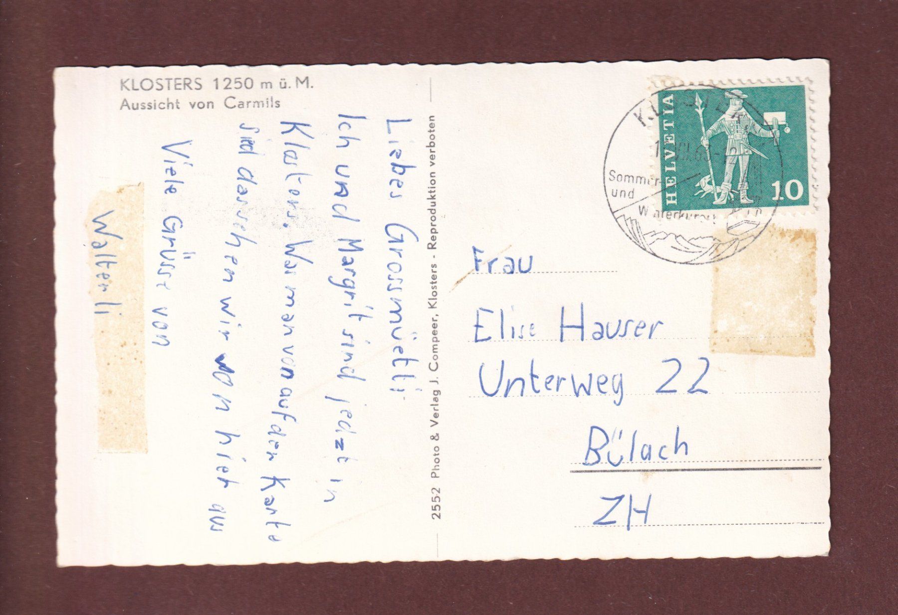 Cartoline postali: KLOSTERS - Aussicht von Carmils - 1963 – Usato da Pully venduto da nicecards 1