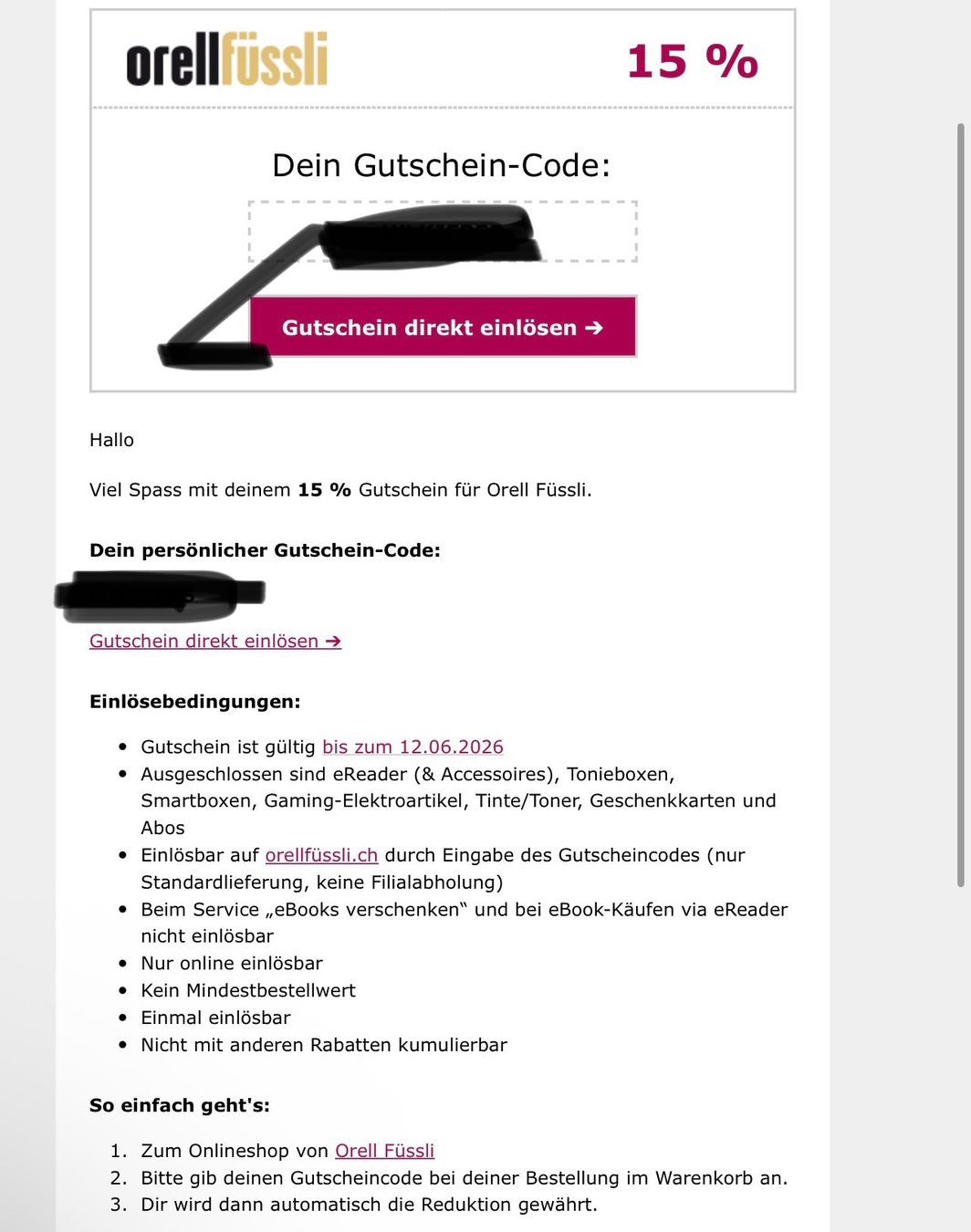 Buoni: Orell Füssli Rabattcode 15% (bis 12.6.26) – Nuovo e nell'imballaggio originale da Glattpark(Opfikon) venduto da ste_n99y