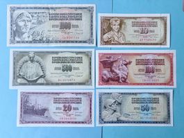 JUGOSLAVIEN - 1000, 500, 100, 50, 20, 10 Dinara - (6 Noten)