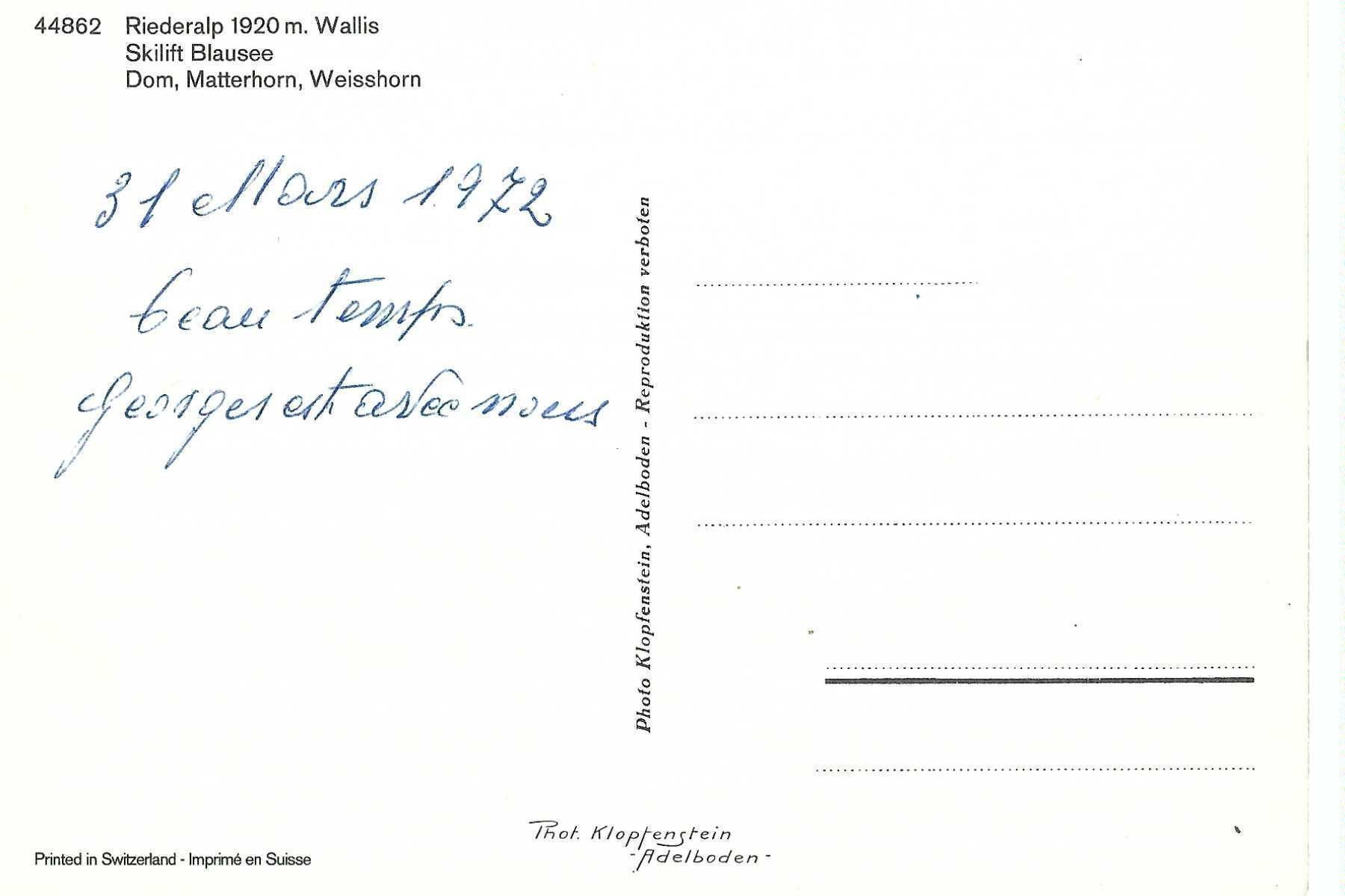 Ansichtskarten: Riederalp,  Skilift Blausee, 1972 – Gebraucht aus Thun von 44wart 1