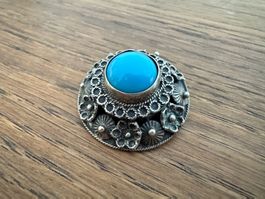 Vintage Brosche 800 Silber mit blauem Stein