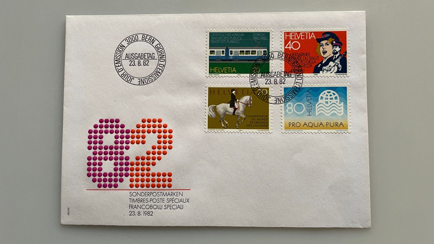Alle Briefmarken: Kuvert mit 4 Sonderpostmarken 23.8.82 – Gebraucht aus Glattfelden von markweb