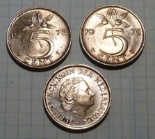 Niederlanden, 3x 5 Cent Kupfer 1975, Königin Juliana