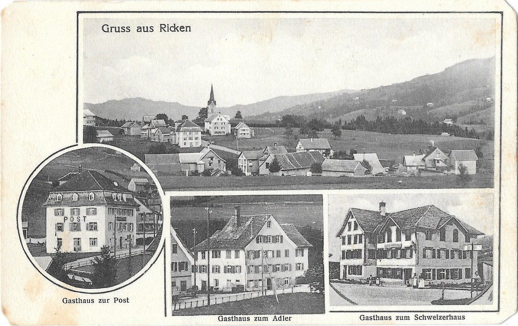 Cartoline postali: Ricken 4 Bilder Gasthäuser Post Adler Schweizerhaus – Usato da Olten venduto da clotaldi