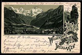 Lithographie Wilderswyl /Interlaken, Totalansicht mit Bergpa