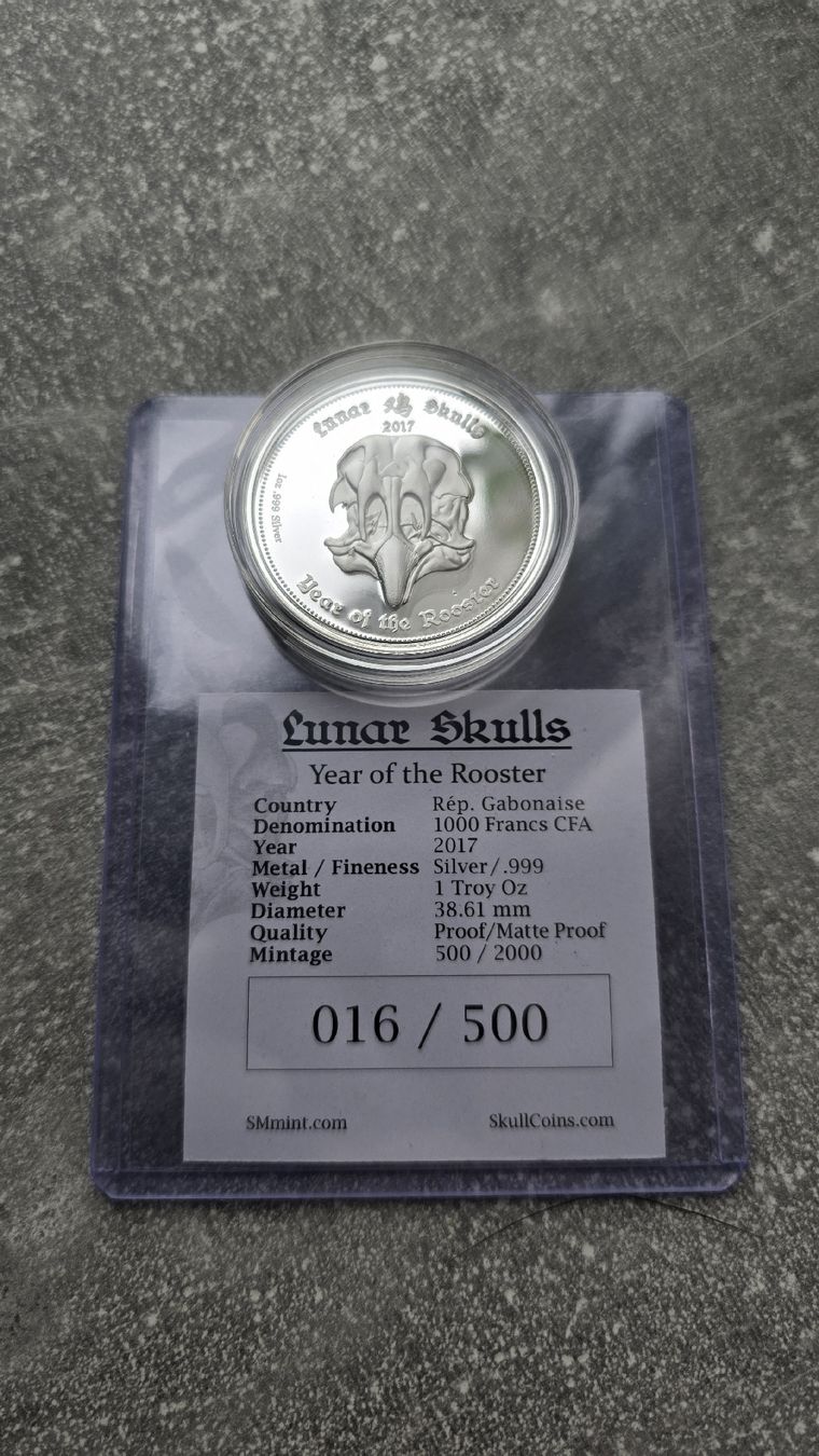 Tutti le monete: Lunar Skulls Rooster 2017 1 oz Silber Proof 016/500 – Usato da Petit-Lancy venduto da SilverCoinCoin 1