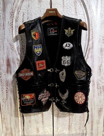 Gilet cuir motard vintage MDM - Patchs Harley-Davidson - XL