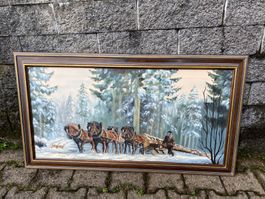 schönes Ölgemälde Holzrücken mit Pferden Heinz Rütti