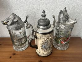 3er-Set Bierkrüge Gerz & Westerwald mit Zinndeckel