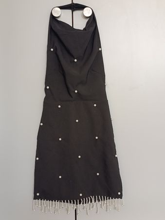 Black Halter Dress with Pearls and Fringe Size XS. Handmade