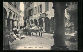 Lugano, Via Pessina mit Ochsen-Gespann