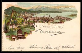 Lithographie Luzern, Ortsansicht am See