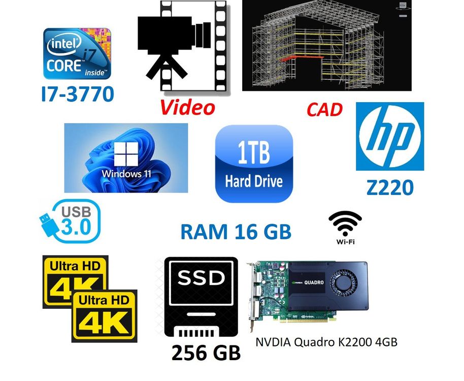 PC HP Workstation Z220 16GB Win11 256GB SSD K2200 CAD 1TB (Gebraucht ...