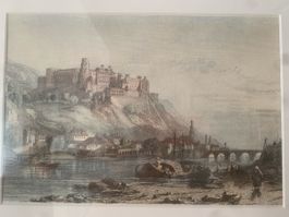 Antikes Bild Schloss Heidelberg am Neckar mit Brücke, Rahmun