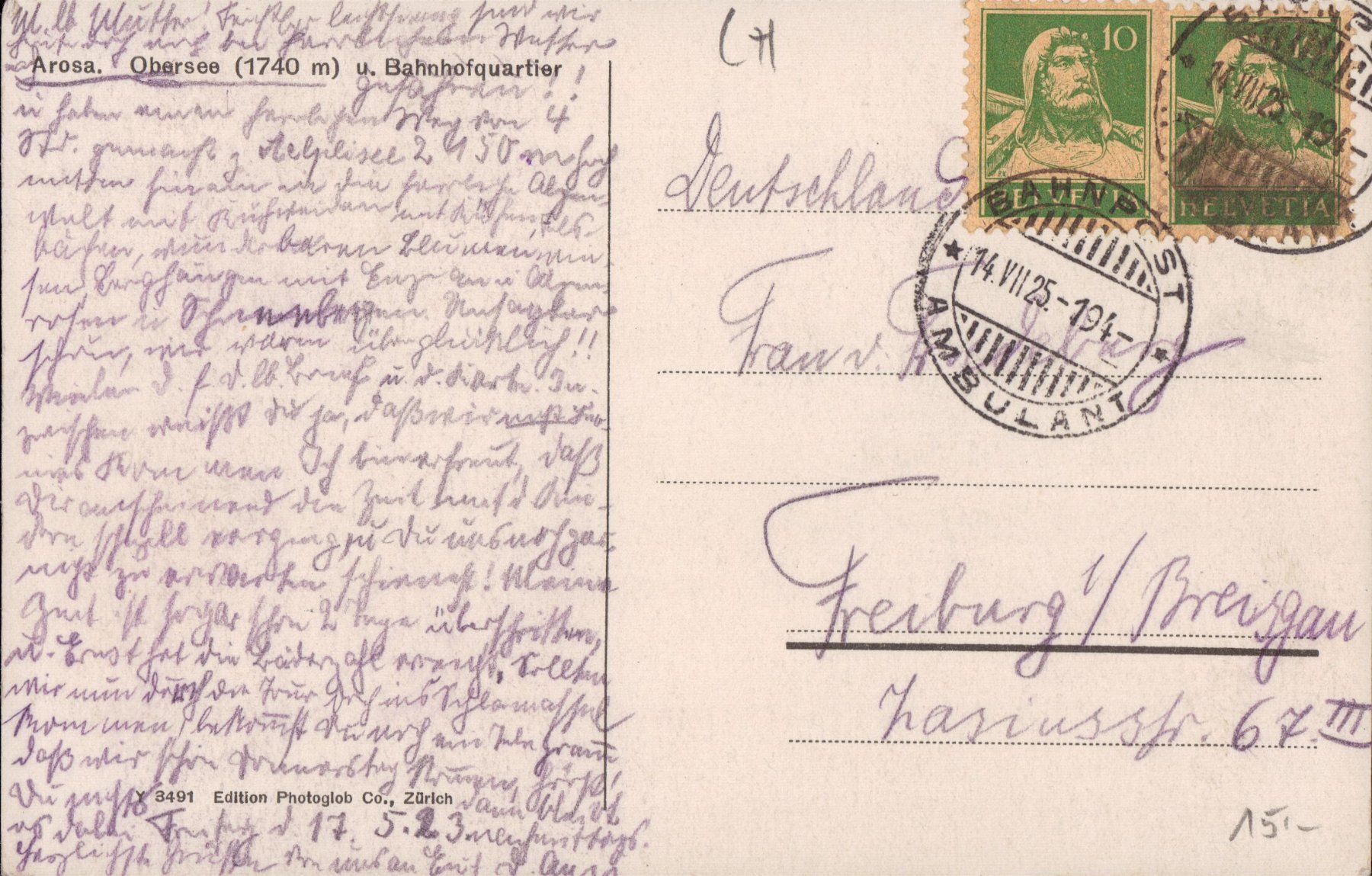 Cartoline postali: AK 1925 Arosa Obersee u. Bahnhofquartier – Usato da Eggersriet venduto da glasshouse3egg 1