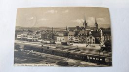 Ancienne carte postale, Payerne (Gare avec trains)