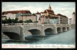 Künstler-AK Basel, Neue mittlere Rheinbrücke mit Confiserie 