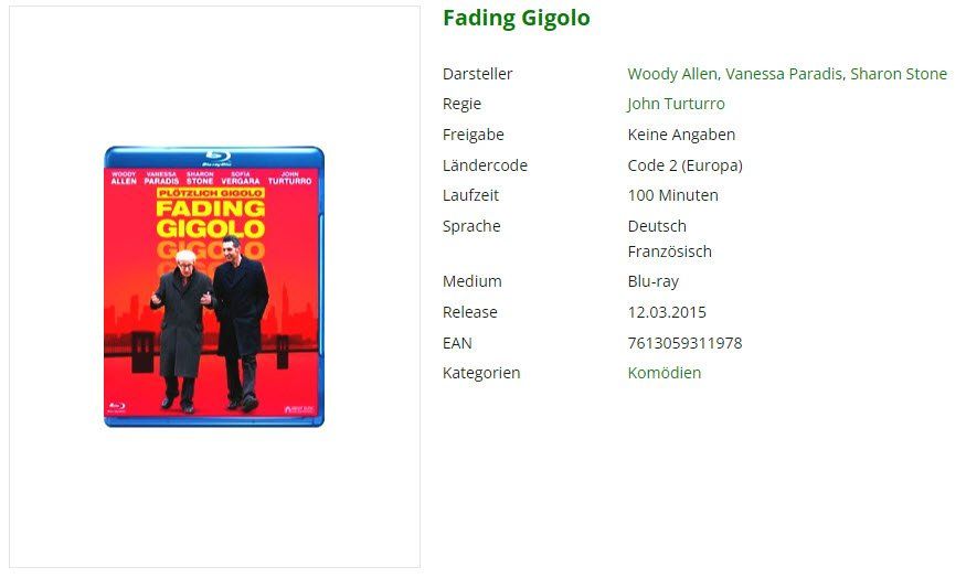 Tutti i DVDs: Fading Gigolo (Bluray) – Usato da Emmetten venduto da SVollenweider