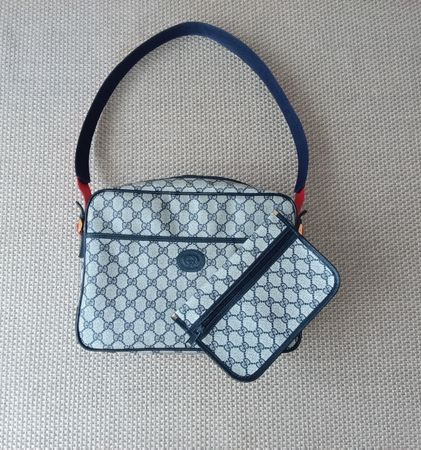 Sac besace vintage Gucci avec pochette en toile et cuir bleu