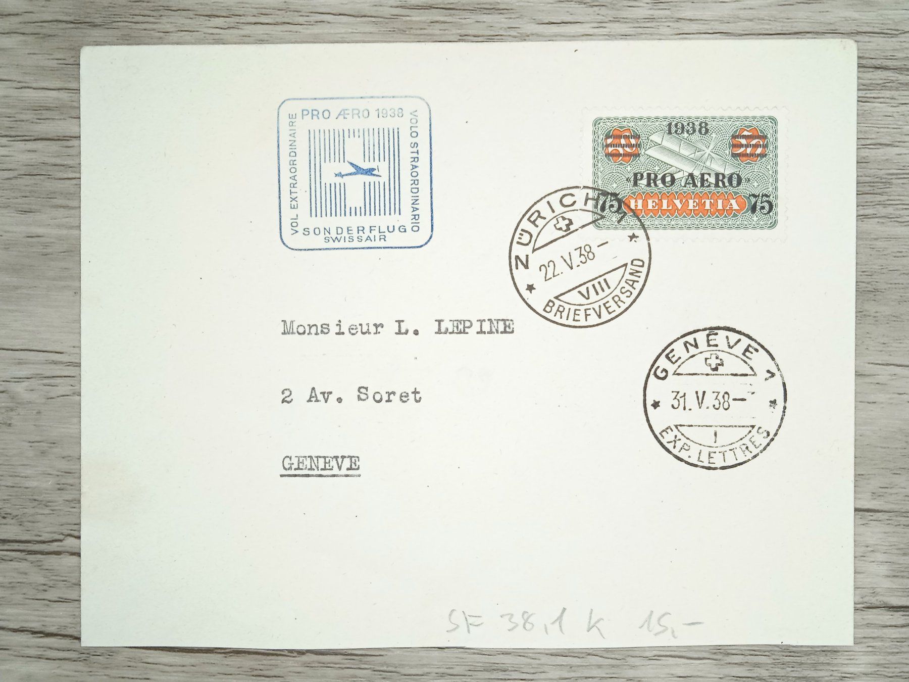 Tutti i francobolli: TR82 Enveloppe + Timbre Suisse 1938 – Usato da Cousset venduto da Patrick_Collections