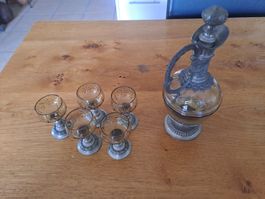 Antikes Likör Service Karaffe Zinn Glas Zinnware Tischdeko