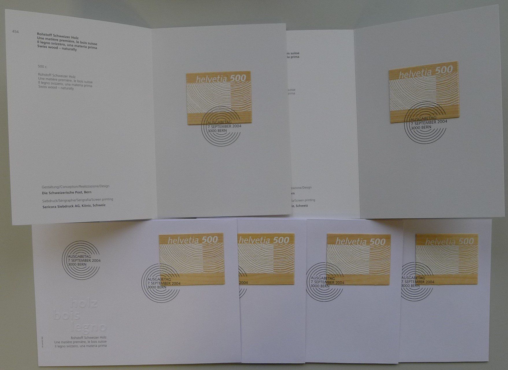 Tutti i francobolli: 2004, Nr.1133: HOLZBRIEFMARKEN: 4 FDC +2 PTT-Heftchen. – Usato da Sursee venduto da Luzernerraute