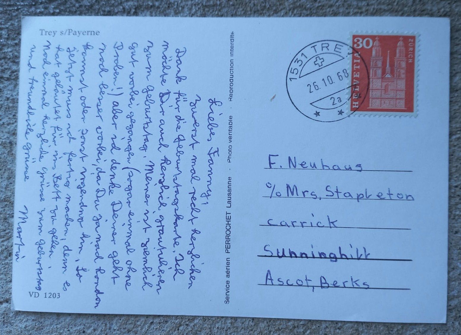 Ansichtskarten: AK Trey sur Payerne 1968 – Gebraucht aus Burgdorf von glasrabe01 1