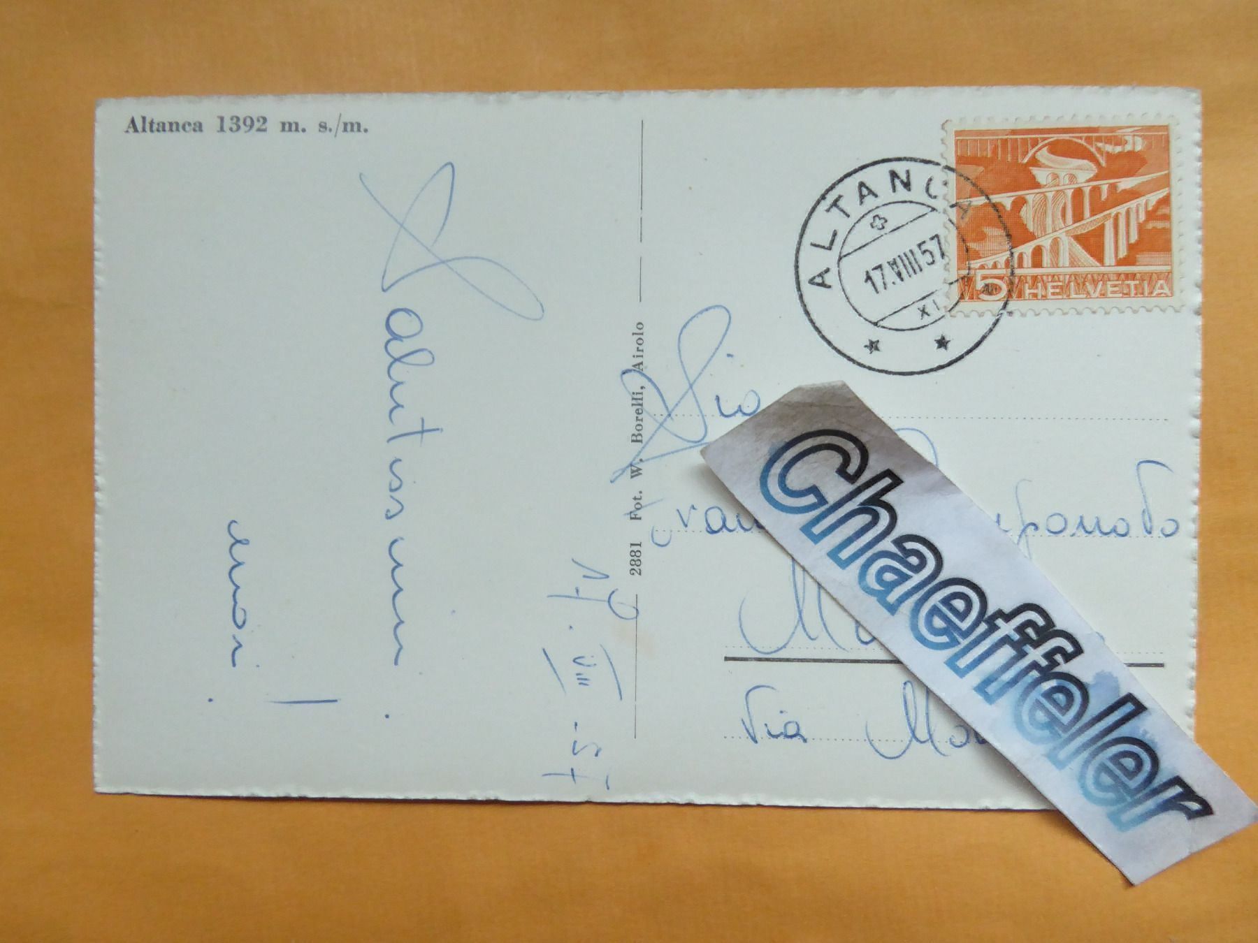 Cartoline postali: 1957  Altanca – Usato da Zürich venduto da Chaeffeler 1