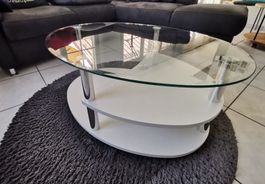Salontischli Glas-Holz/ Oval 90x67cm H 41.5 cm auf Rollen