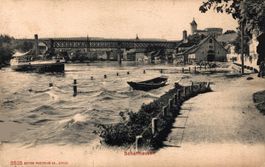 Schaffhausen. Rhein mit Ruderboot und Dampfschiff