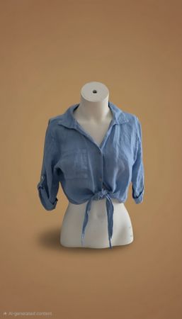 Blue Linen Shirt Crop Tie Front Size S/M