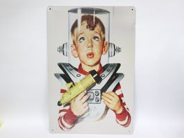 Blechschild Junge mit Space Gun Pistole Astronaut