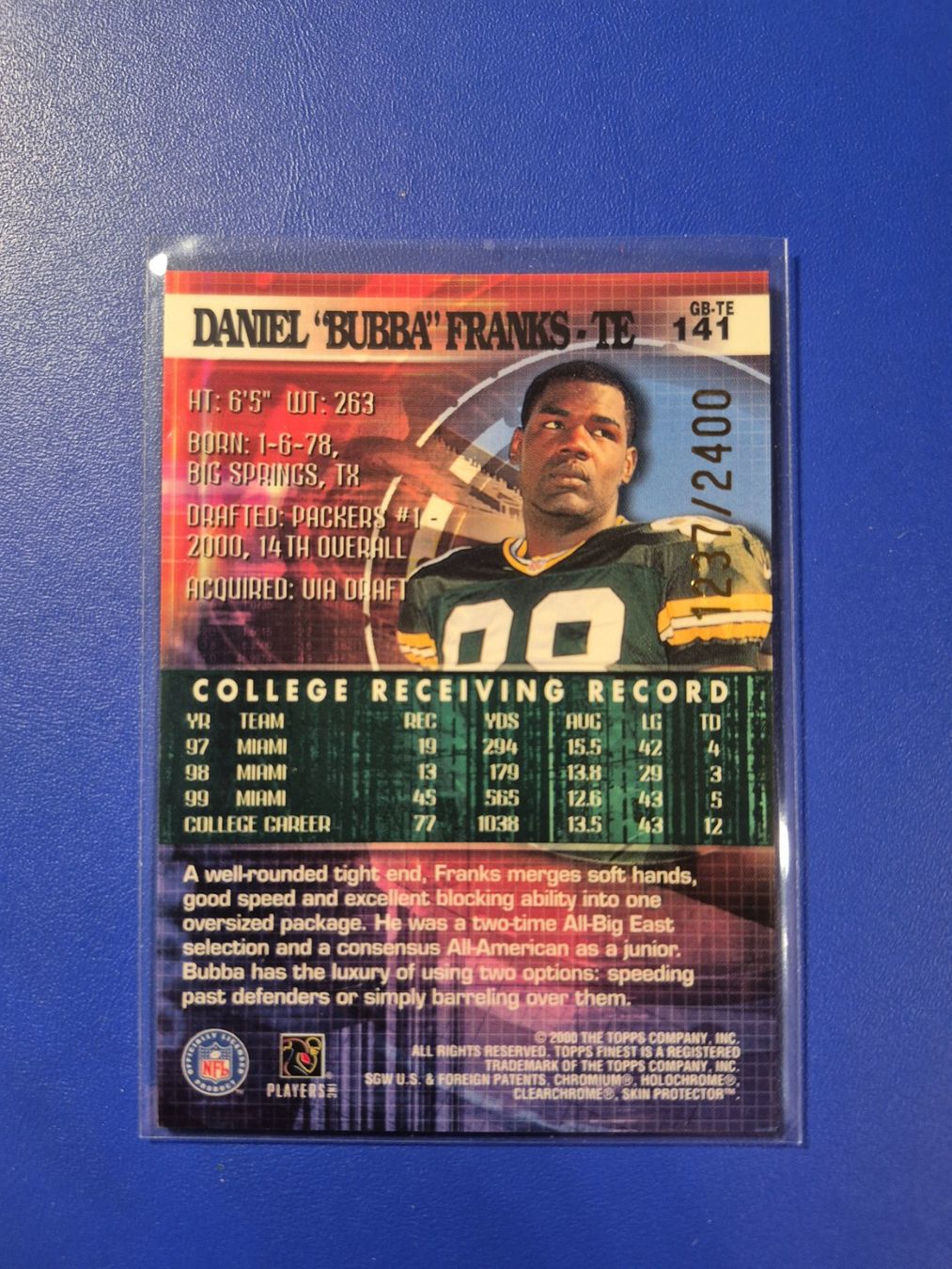 NFL Carte collezionabili: NFL Daniel Bubba Franks Green Bay Packers 1237/2400 – Usato da Treiten venduto da Sauber73 1
