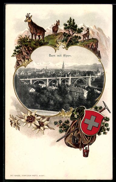 Ansichtskarten: Passepartout-Lithographie Bern, Teilansi – Gebraucht aus Berlin von bartko-reher