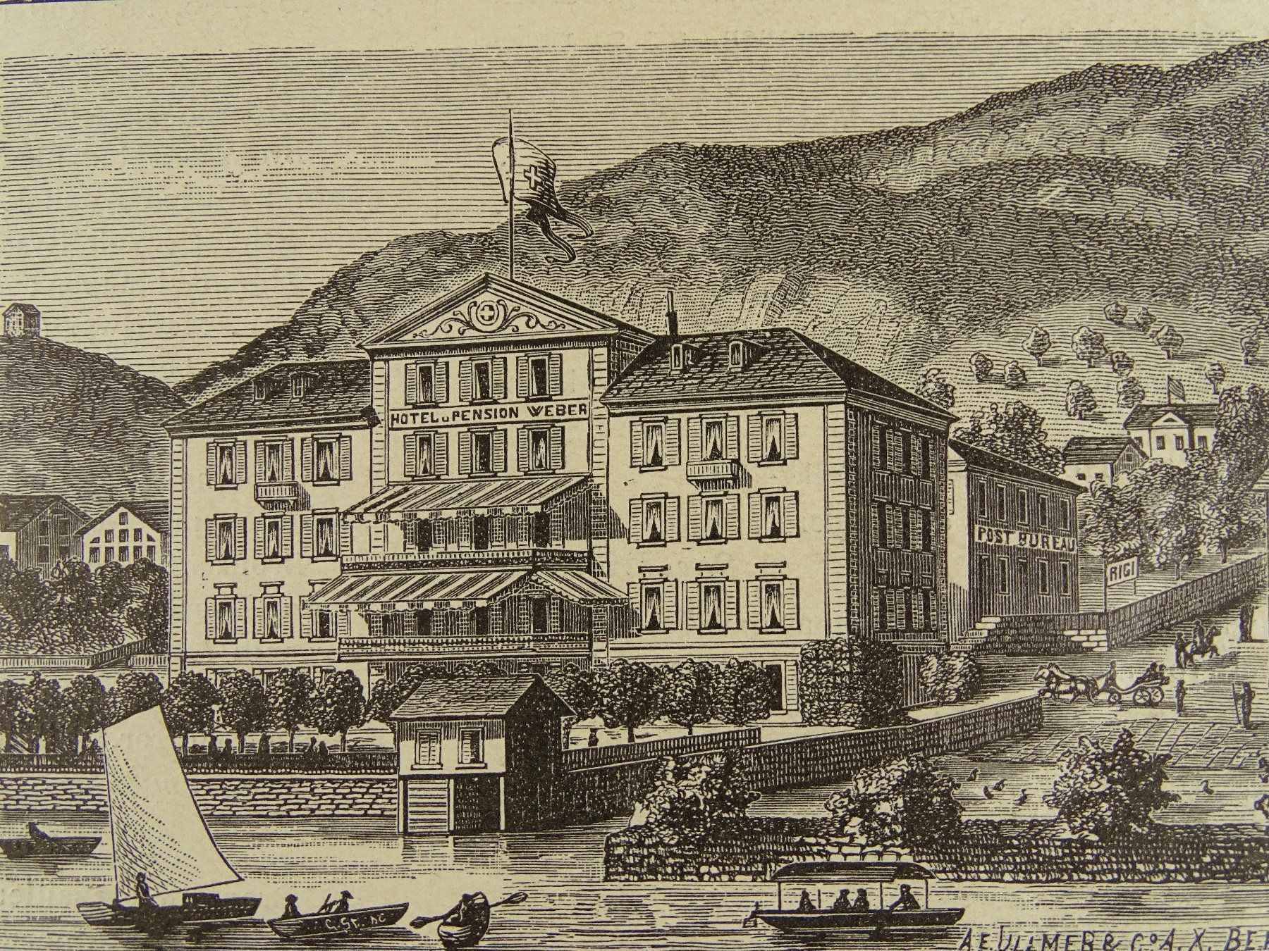 Incisioni: WEGGIS HOTEL WEBER HOLZSTICH 1883 – Usato da Grüningen venduto da Kartensammler 2